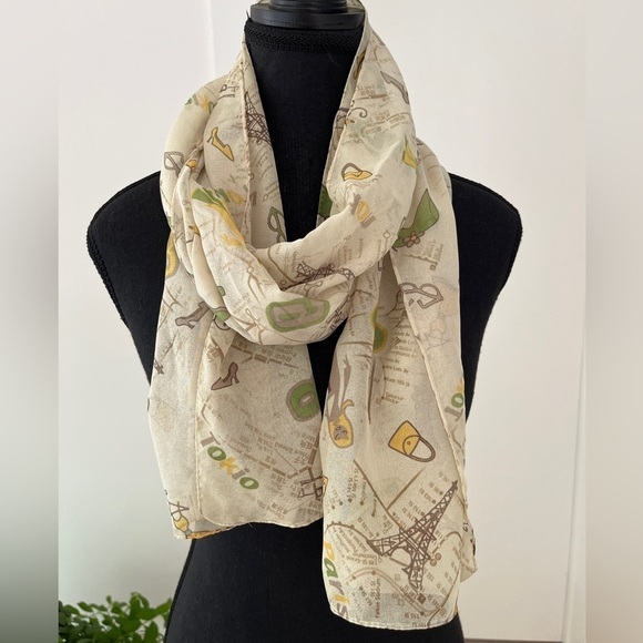 SCARF Sheer Charming Made Italy World Cities Whimsical Pattern Lightweight - Picture 2 of 12